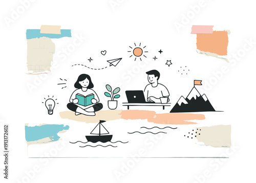 Mixed media collage creation. Open art board with layered papers, paint marks, and simple graphic elements. Balanced composition with lots of