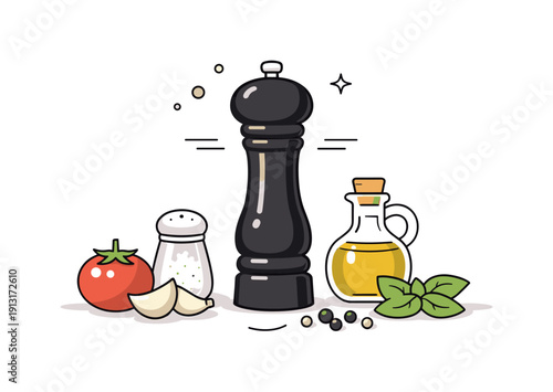 Pepper grinder. Minimal kitchen scene with a pepper grinder placed next to salt and fresh ingredients. Clean culinary setup expressing
