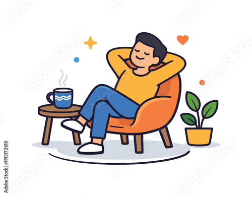 Taking time to breathe and relax after a busy day a cozy self-care moment with a person resting on a chair and a warm drink nearby,