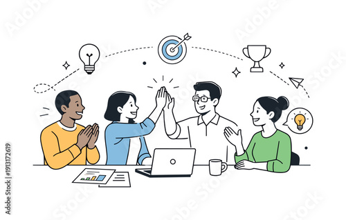 Teamwork Celebration Art. Team success and collaboration. Editorial scene of colleagues celebrating a shared achievement, exchanging ideas or high-level