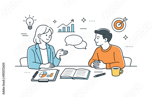 Entrepreneurial Coaching Session. Business coaching and mentoring for entrepreneurs. A calm one-on-one conversation with notes and charts on the table. The