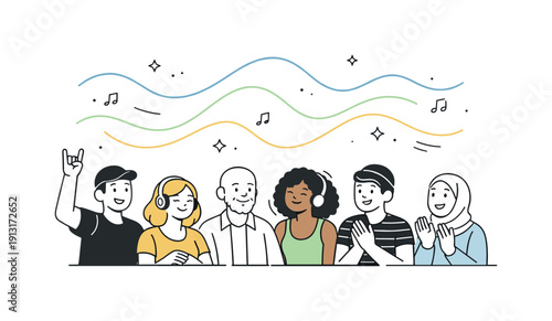 Concert audiences. A diverse group of listeners with subtle sound waves floating above them. The mood is relaxed, inclusive, and musical.