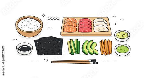 Fresh Sushi Creation. Homemade sushi preparation. Fresh vegetables and sliced fish neatly arranged next to rice and nori sheets, calm organization and clean