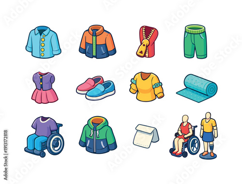 Adaptive fashion. Colorful isometric vector icons set of Adaptive fashion: magnetic button shirt, velcro fasten jacket, easy pull zipper,