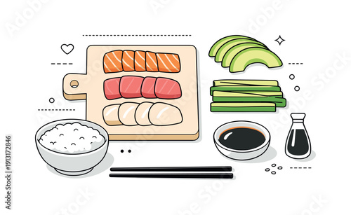 Minimalist Sushi Ingredients. Fresh sushi ingredients. A tabletop scene with fish slices, avocado, cucumber, rice bowl, and soy sauce, calm order and inviting