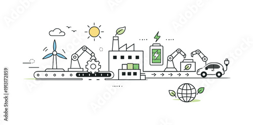 Clean Energy Production. Low-carbon industries. Abstract production line powered by clean energy icons like wind, sun, and battery symbols. Smooth workflow