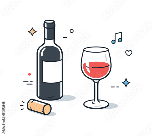 Wine Tasting Essentials. Wine tasting preparation. A cork resting on the table beside an opened wine bottle and glass, relaxed anticipation and refined