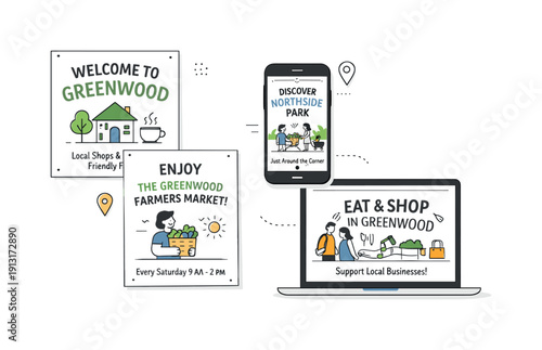 Neighborhood Marketing Display. Localized campaigns ? neighborhood-focused promotion. A clean editorial scene showing posters and digital ads tailored to a
