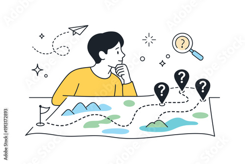 Strategic thinking under uncertainty. A focused person looking at a simplified map with dotted paths and unclear endpoints, conveying