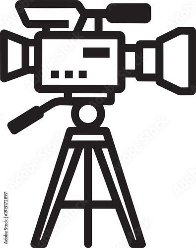 Professional video camera on tripod icon for filming and cinema production