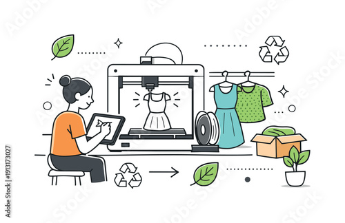 Sustainable fashion through 3D printing. A designer creates garments on demand using a 3D printer, reducing waste and excess materials.