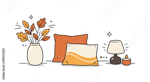 Autumn home decor. A vase with dried leaves, warm-toned cushions, and a small table lamp creating a calm fall atmosphere. Soft shapes and