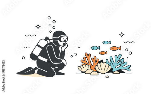 Human and ocean connection. A scuba diver observing coral and small fish at a safe distance, expressing curiosity, respect, and harmony with