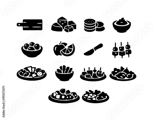 gourmet appetizer board. Solid icon set of gourmet appetizer board: wooden board, cheese assortment, crackers, dips bowl, olives, fruit