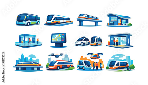 Future public transport. Colorful flat vector icons set of future public transport: futuristic bus, sleek metro train, elevated transit,