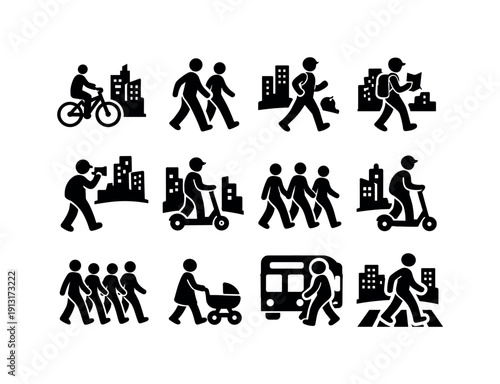 Outdoor lifestyle in city. Solid icon set of Outdoor lifestyle in city: active city life, urban walkers, city fitness walk, lifestyle