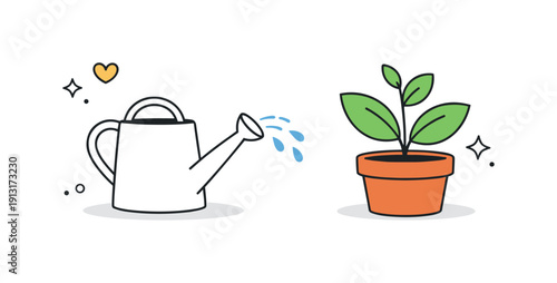 Watering can minimal. A simple watering can and plant arranged like a quiet still life with plenty of white space. The illustration