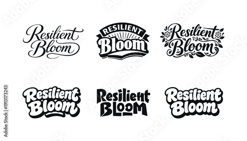 Emblematic Lettering Variations. Resilient bloom. Set lettering. harmonious lettering variations of the same emblematic concept, each with different artistic
