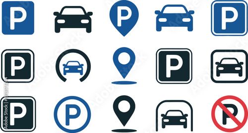 A comprehensive suite of blue and black parking related icons showing cars and location markers