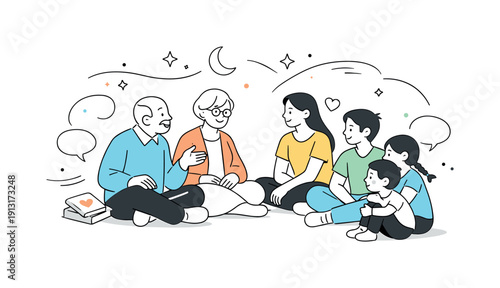 s of Wisdom. Family wisdom and connection. Grandparents sharing life experience with younger family members, gentle conversation in a relaxed