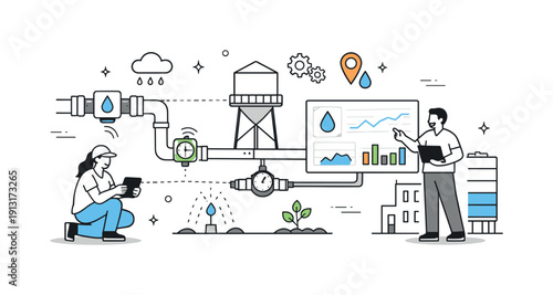 Smart water management. Sensors, pipes, and digital dashboards connected in a simple system, visualizing innovation and efficient water