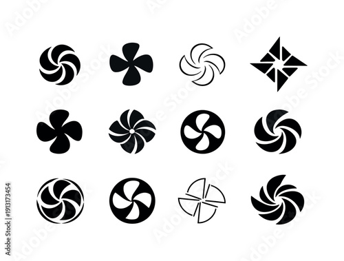 Fan. Icon set. Set Logo of Fan: cooling airflow swirl. harmonious logo variations of the same emblematic concept, each with different