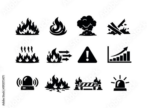 Fire Out of Control. Solid icon set of Fire Out of Control: uncontrolled blaze, spiral flames, massive smoke, collapsing beams, extreme heat