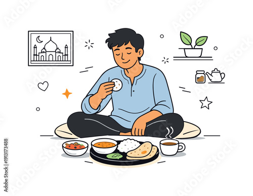 Cultural Cuisine Delight. Ethnic comfort meal. A person enjoying a traditional dish at home, relaxed posture and peaceful mood. Friendly lifestyle scene