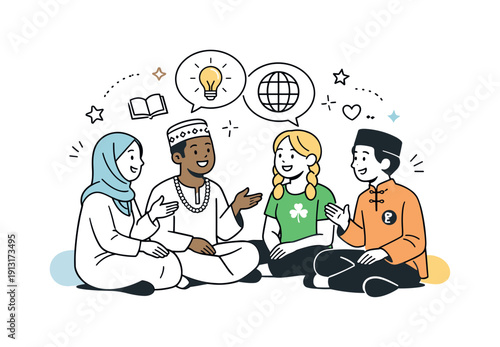 Cultural Exchange Celebration. Celebrating cultural diversity. A small group exchanging ideas and smiles, each person represented with unique clothing or