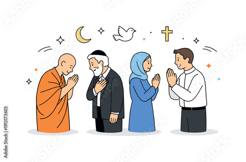 Interfaith harmony. A simple editorial scene showing people exchanging greetings and gestures of respect across different traditions. The