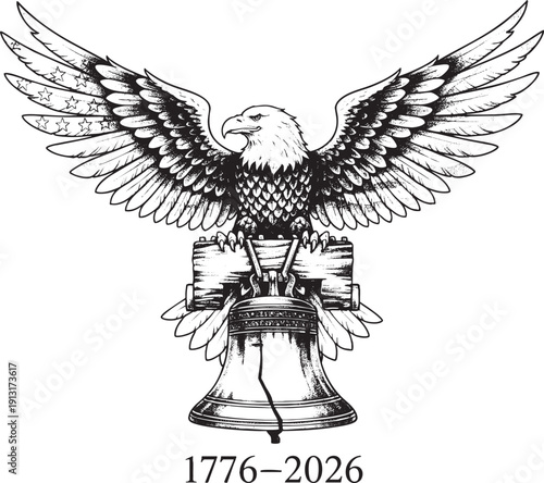 250 Years of American Freedom Retro Woodcut Vector Illustration with Liberty Bell