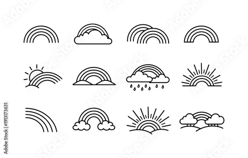Rainbow. Line icon set of Rainbow: curved rainbow, cloud with rainbow, double rainbow, rainbow arch, sun and rainbow, rainbow over hill, rain