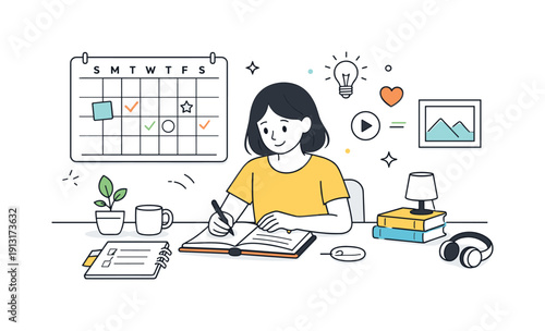 Study from home concepts. Student planning tasks with a notebook and calendar at home. Organized routine and balance between study and