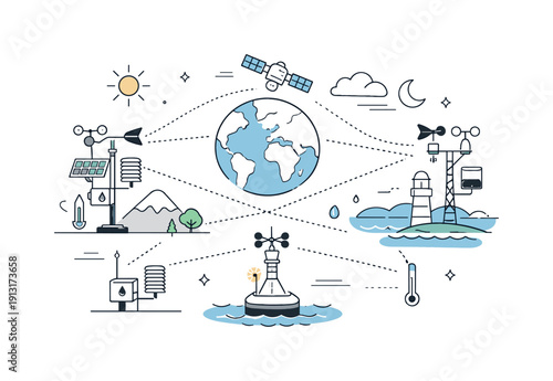 Weather monitoring stations. Abstract editorial composition showing multiple stations connected by dotted lines. Theme of networked data,
