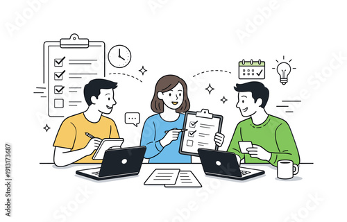 Meeting project deadlines. Colleagues discussing priorities around laptops and checklists, exchanging notes and aligning on next steps with a