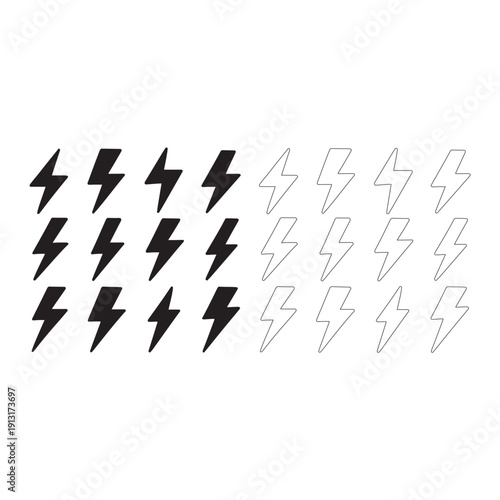 Set of vector lightning bolt graphics Icon Grid Solid and Outlined Symbols in 5x5 Layout for Energy and UI Design