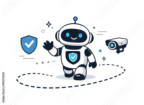 AI Security Patrol. AI-powered security patrol. A friendly-looking robot moving along a predefined path with shield and camera icons floating nearby. The mood