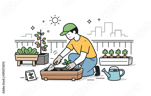 Urban vegetable garden. A person planting vegetables in containers on a balcony, city shapes softly suggested in the background. Sustainable