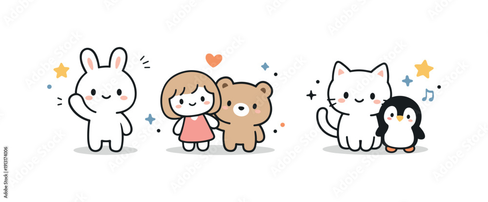 Obraz premium Playful Minimalist Characters. Cute character illustration. Small adorable characters with oversized heads and simple facial expressions, gently waving or