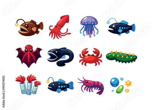Deep Ocean Icons. Deep ocean life. Colorful flat vector icons set of deep ocean life: anglerfish, giant squid, deep sea jellyfish, bioluminescent fish, vampire