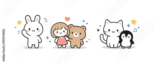 Playful Minimalist Characters. Cute character illustration. Small adorable characters with oversized heads and simple facial expressions, gently waving or