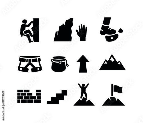 A person overcoming obstacles, climbing a steep wall. Solid icon set of A person overcoming obstacles, climbing a steep wall: climber