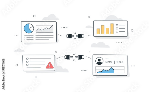 Disconnected dashboards. A calm editorial scene showing multiple digital dashboard panels floating apart, with broken connection icons