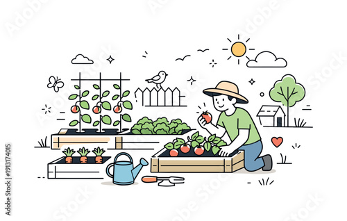 Home vegetable garden. Raised beds with vegetables growing, a gardener checking plants with quiet satisfaction. Calm lifestyle