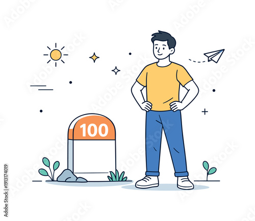 Personal growth achievement. A character reaching a simple milestone marker, standing calmly with a sense of confidence. The mood