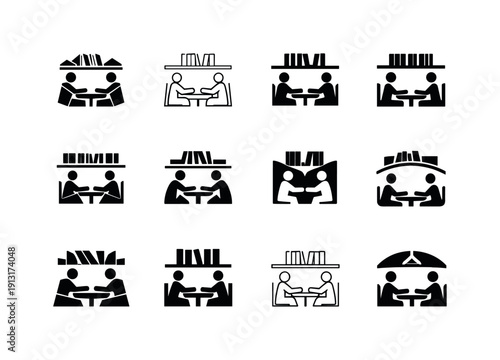 Coworking library-style spaces. Icon set. Set Logo of coworking library-style spaces: reading zone layout. harmonious logo variations of the