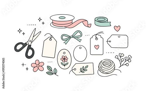 Spring gift wrap essentials. Tags, ribbon, scissors and floral decor neatly scattered, suggesting thoughtful and gentle springtime packaging.