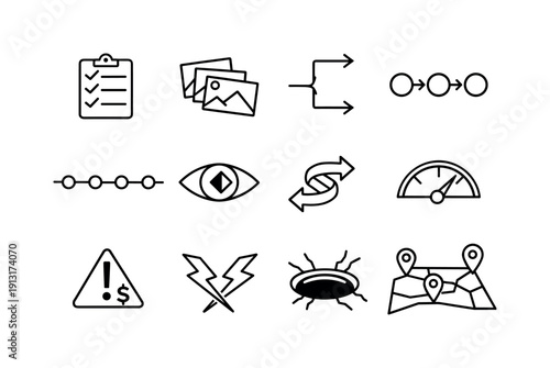 Plot planning. Line icon set of plot planning: checklist clipboard, scene cards, branching arrows, cause and effect chain, timeline nodes,