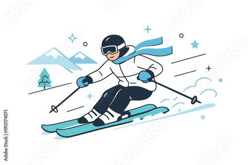 Downhill skiing action. Person confidently carving turns on skis, focused movement and controlled speed. Simplified mountains and abstract