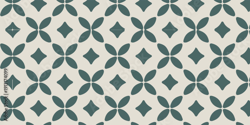 Seamless Geometric Pattern with Teal Petal and Diamond Shapes.